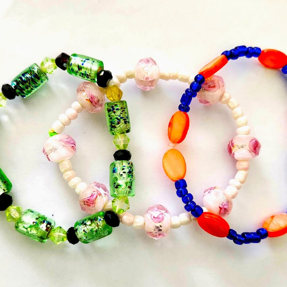 Lot of 3 Bracelets Stretchy Approx 8-8.5" Green, Pink, Blue Discount Shipping!!